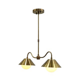 Dual globe pendant lamp with brass patina frame, round canopy, curved arms, and cone-shaped shade details