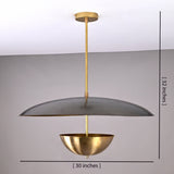 Pendant light with wide dome and inner brass bowl displayed with full dimensions, measuring 30 inches wide and 32 inches tall.