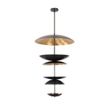 Front view of Eclipse Cascade Chandelier featuring layered dish shades in matte black and warm brass finish