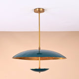 Front view of handcrafted emerald green brass chandelier with golden interior finish and elegant dual-bowl silhouette
