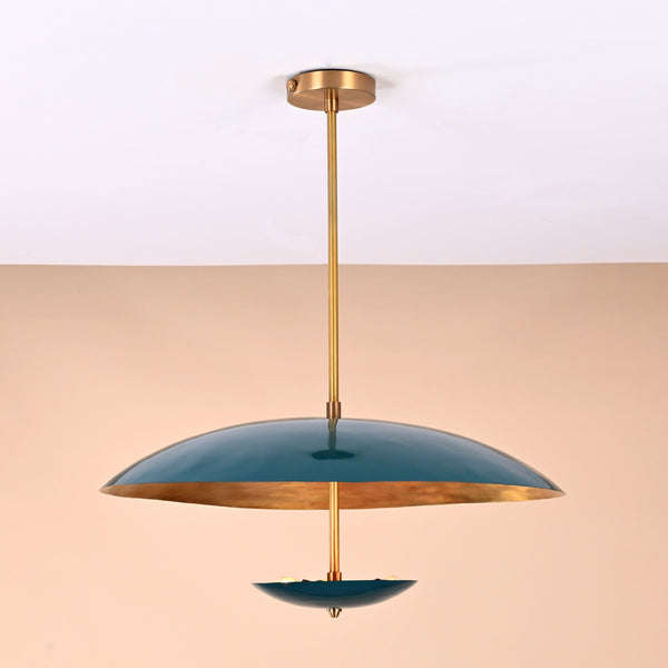 Front view of handcrafted emerald green brass chandelier with golden interior finish and elegant dual-bowl silhouette