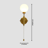 Dimension diagram of a raw brass pull chain globe wall sconce, showing 21-inch height and 5-inch width with lit glass globe shade.