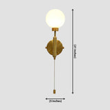 Raw brass pull-chain globe wall sconce, illuminated with a round frosted globe; dimension view shows 21-inch height and 5-inch width.