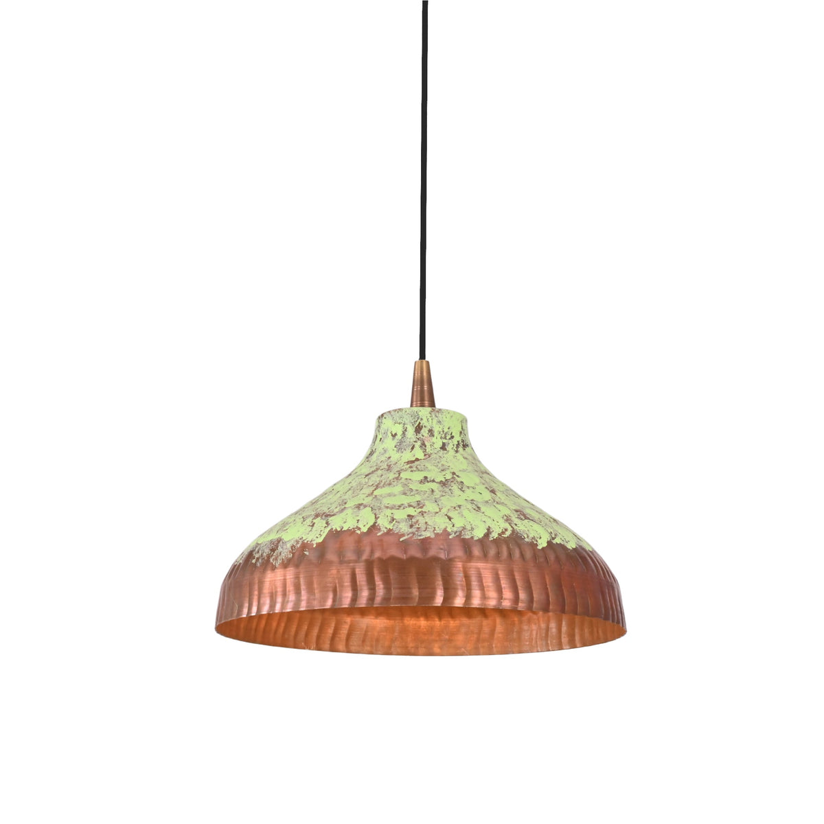 Farmhouse copper patina ceiling pendant light with rustic artistic finish for kitchen, dining room, and breakfast nook lighting