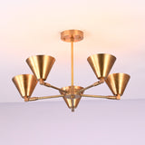 Minimalist five-light brushed brass chandelier with smooth cone shades and premium handcrafted brass finish.