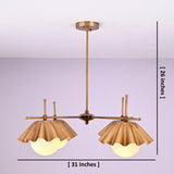 Four-light brass chandelier showing 31-inch width and 26-inch height with sculpted bowl shades.