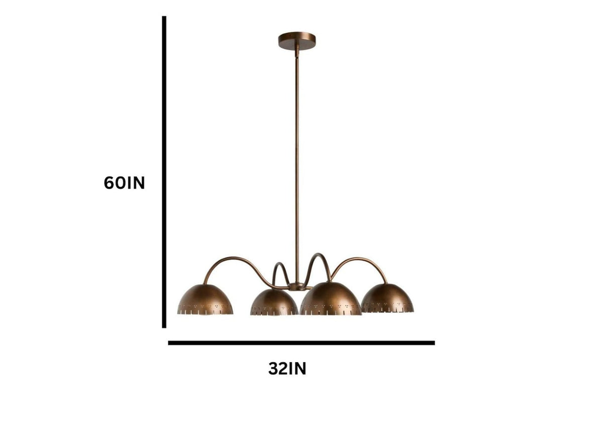 Dimension diagram of four light brass dome chandelier measuring 32 inches wide and 60 inches tall