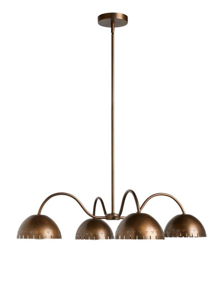 Four light brass dome chandelier with sculpted curved arms and warm ambient lighting by Brass Leaf Studio