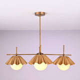 Linear profile view of four-light brass chandelier featuring fluted bowl shades and balanced symmetry.