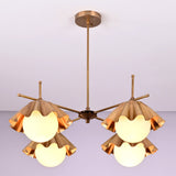 Four-light brushed brass chandelier with sculpted bowl shades and warm ambient lighting.