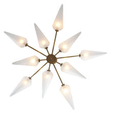 Top view of cone glass chandelier displaying radial brass structure and glowing frosted cone shades in geometric balance.