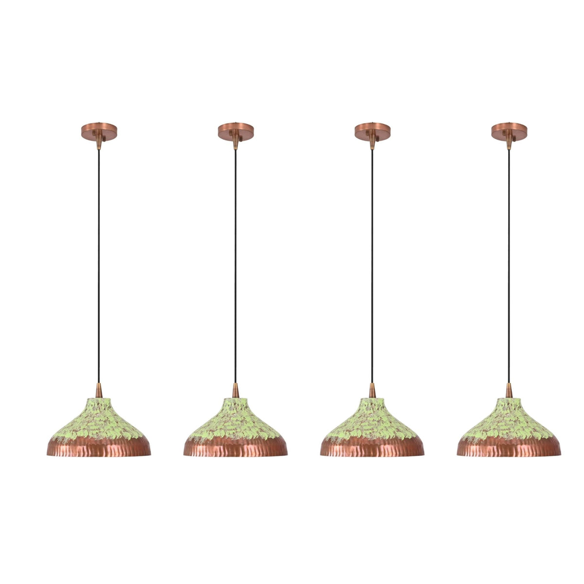 Closeup of green patina copper dome pendant shade showing artistic finish, textured lower rim, and warm interior glow