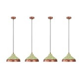 Closeup of green patina copper dome pendant shade showing artistic finish, textured lower rim, and warm interior glow