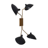 Side view of handcrafted 4-light brass wall lamp with matte black shades and geometric arms
