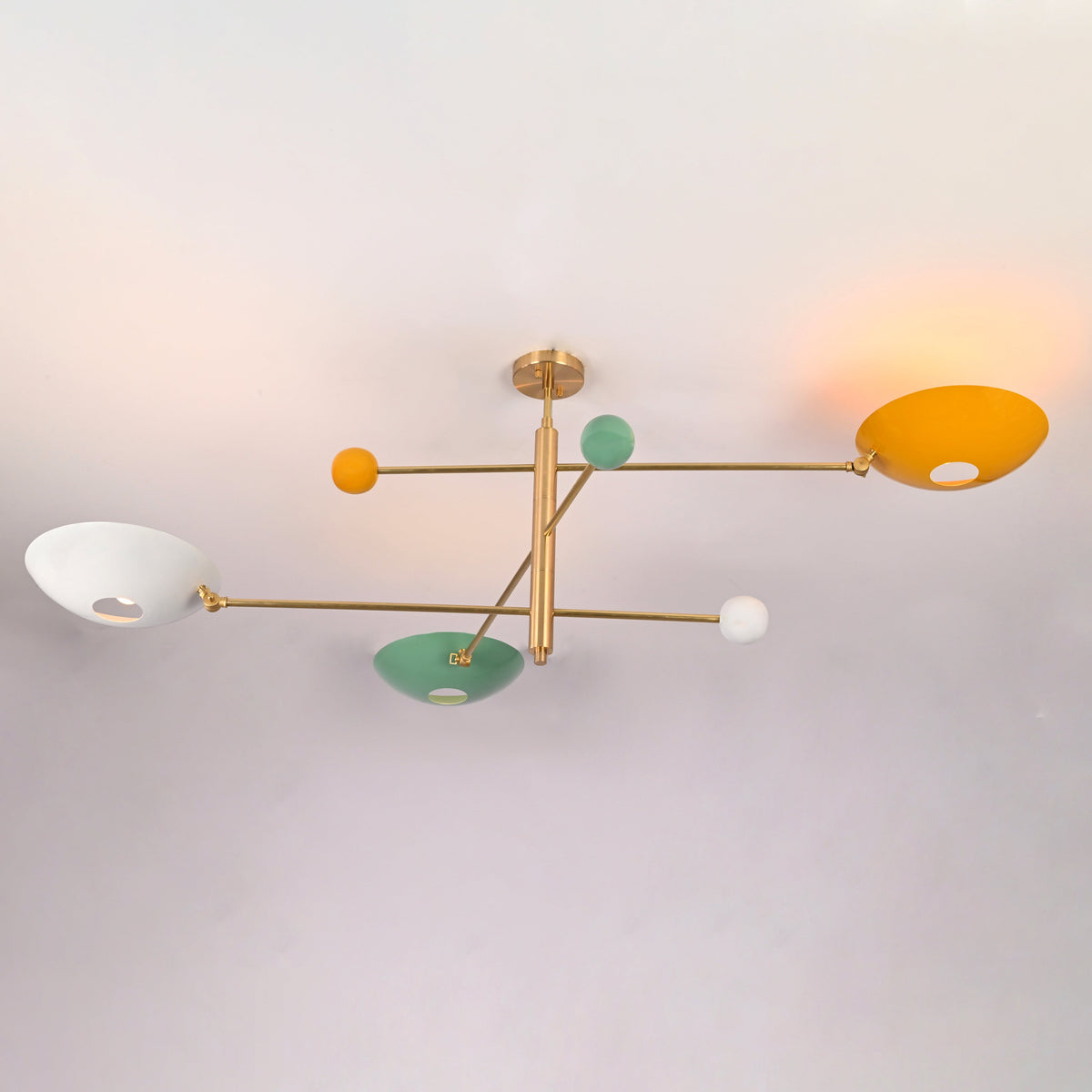 Handcrafted solid brass flush mount ceiling light featuring multicolor bowl shades and precision metal arms