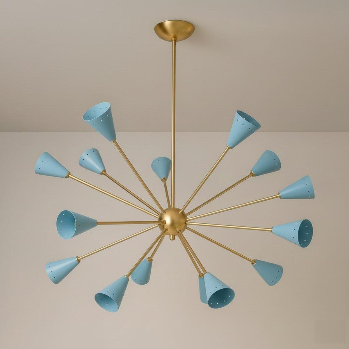Handcrafted mid-century style brass Sputnik chandelier with precision-cut cone shades and radial arm design