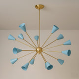 Handcrafted mid-century style brass Sputnik chandelier with precision-cut cone shades and radial arm design