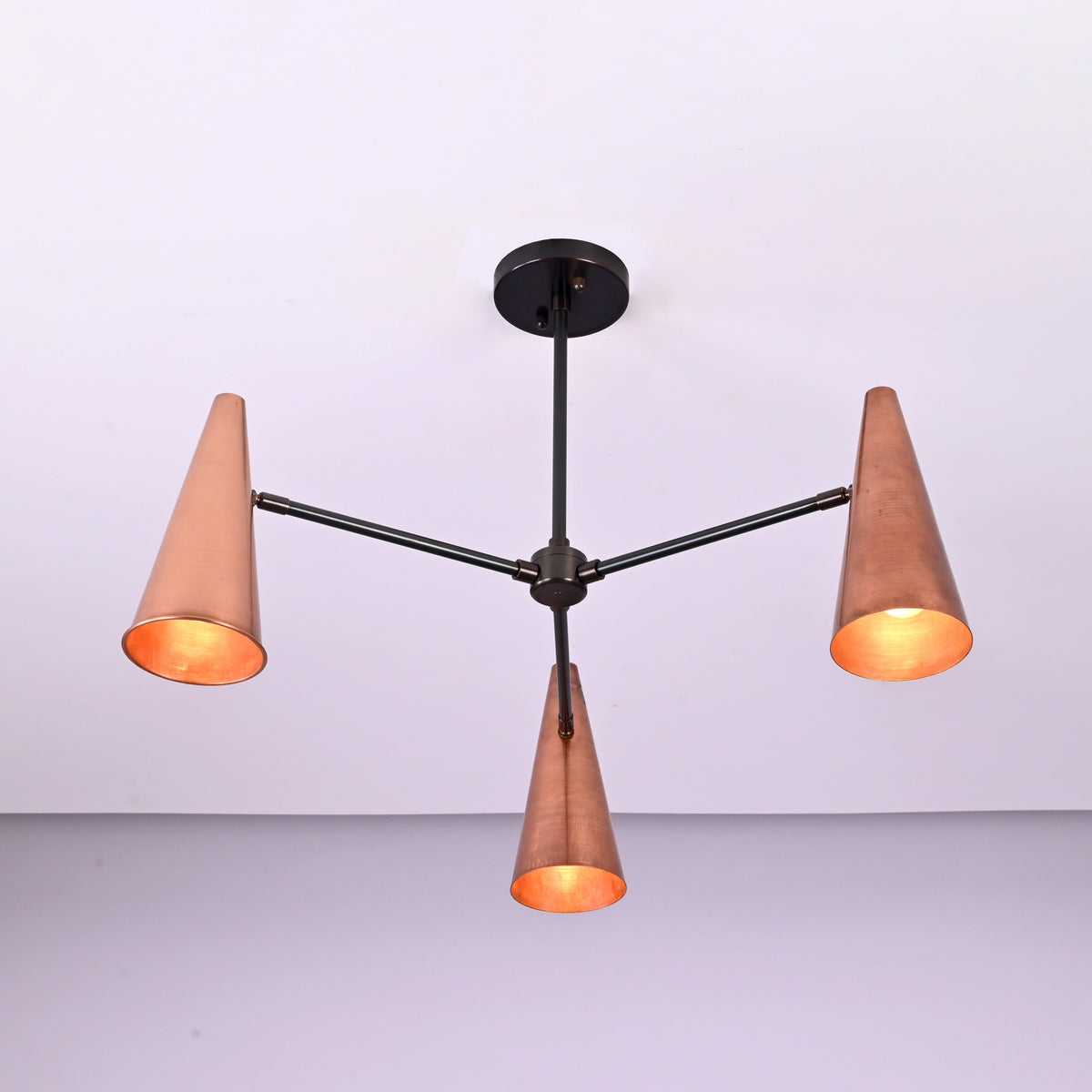 Handcrafted copper cone chandelier with three lights, modern industrial ceiling fixture by Brass Leaf Studio