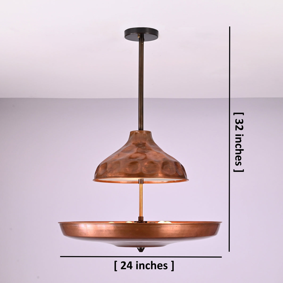 Handcrafted copper disc chandelier with bowl-shaped shade, showing 24 inch width and 32 inch height, designed by Brass Leaf Studio