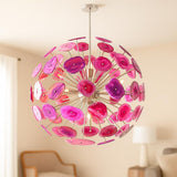 Handcrafted pink agate stone chandelier casting warm ambient light in a modern living space