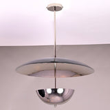 Handmade chrome brass lighting fixture featuring a smooth disc and reflective lower bowl