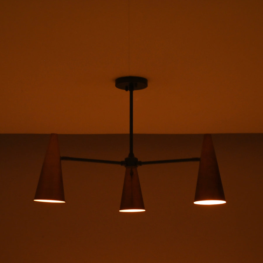 Modern industrial copper cone chandelier with three lights and solid brass construction
