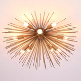 Close view of handmade brass starburst chandelier highlighting precision rods and solid construction