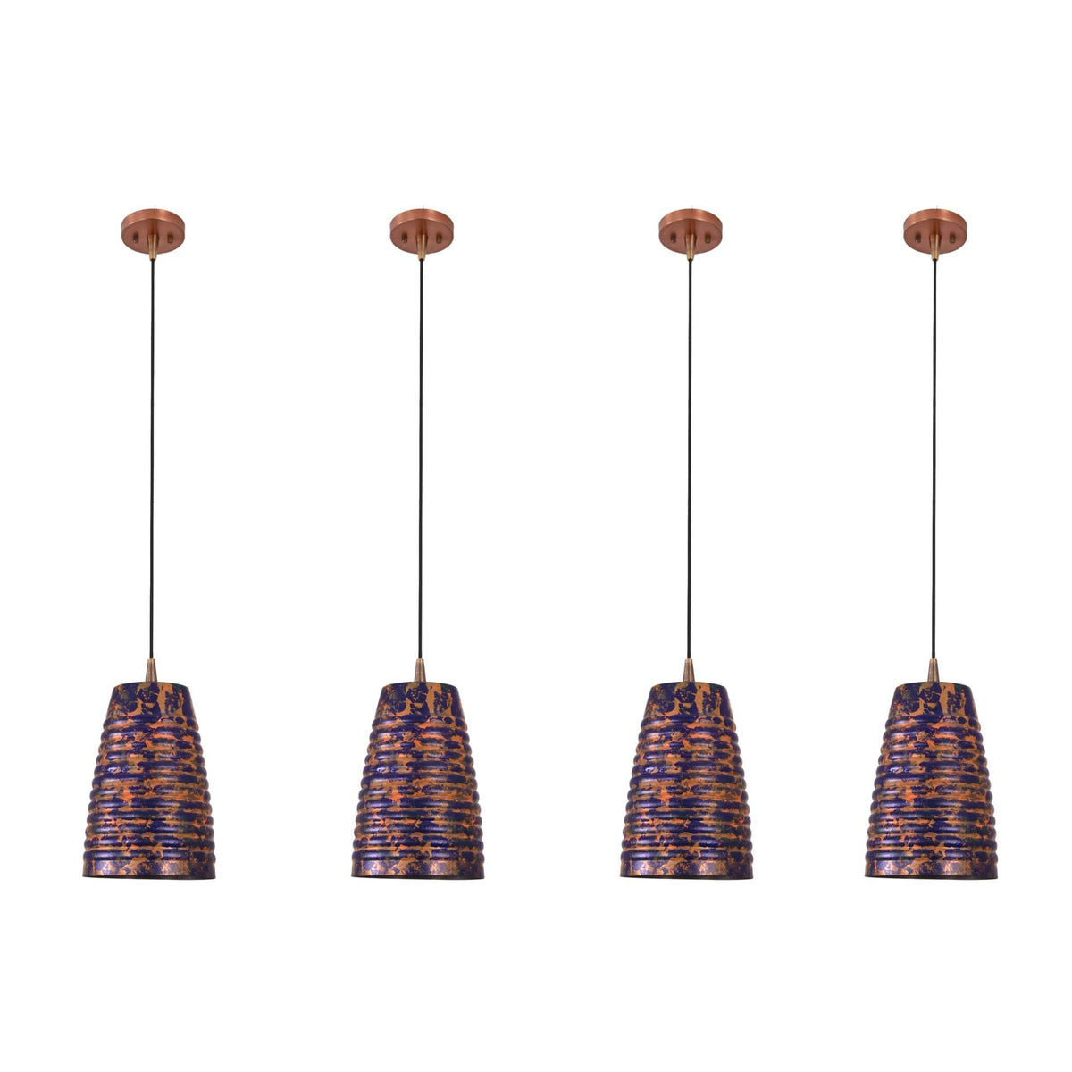 Hanging ribbed ceiling lamp creating a soft warm glow above a cozy seating and dining corner