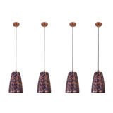 Hanging ribbed ceiling lamp creating a soft warm glow above a cozy seating and dining corner