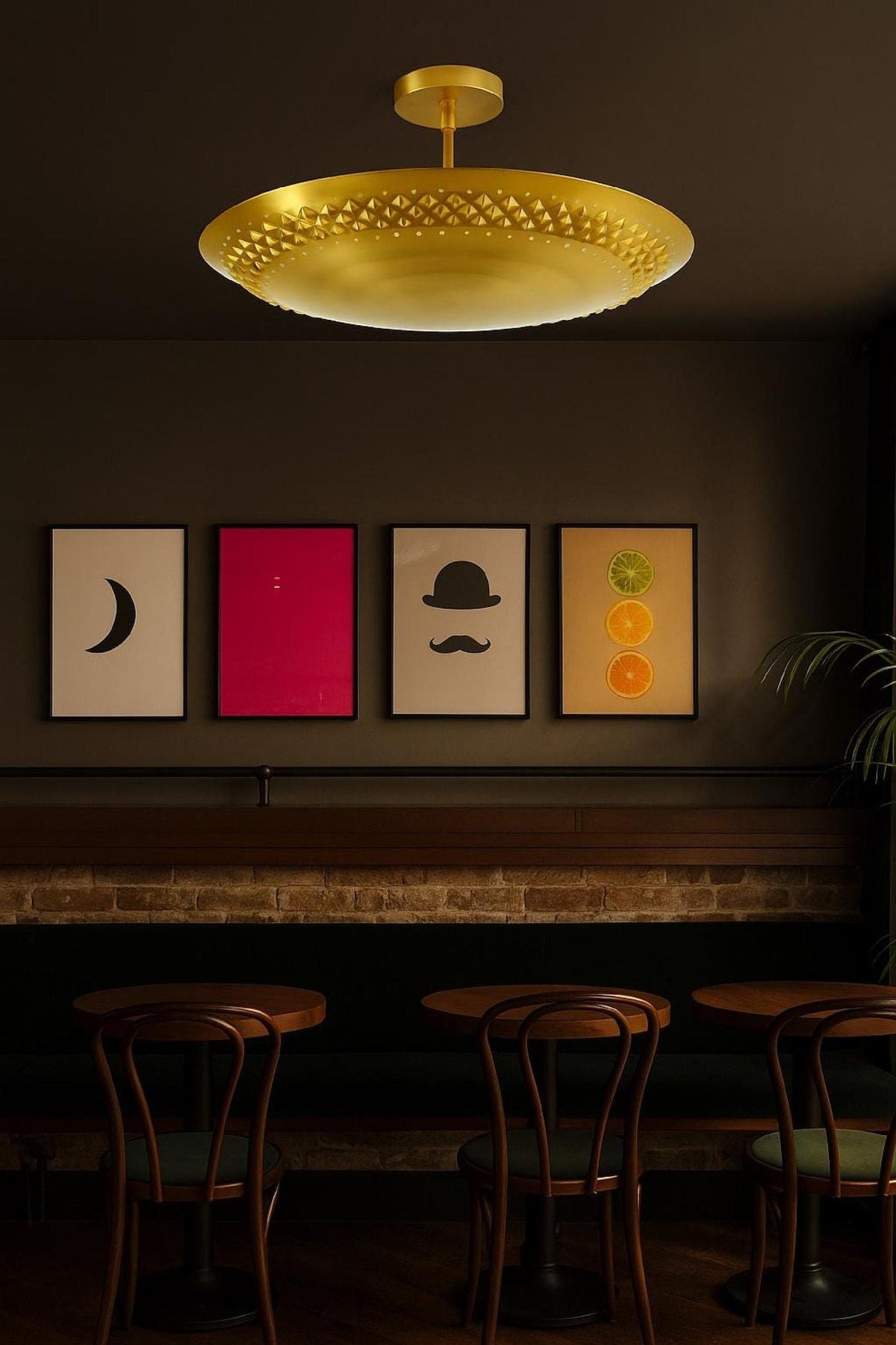 Industrial brass disc style ceiling light creating warm ambient lighting in a restaurant interior