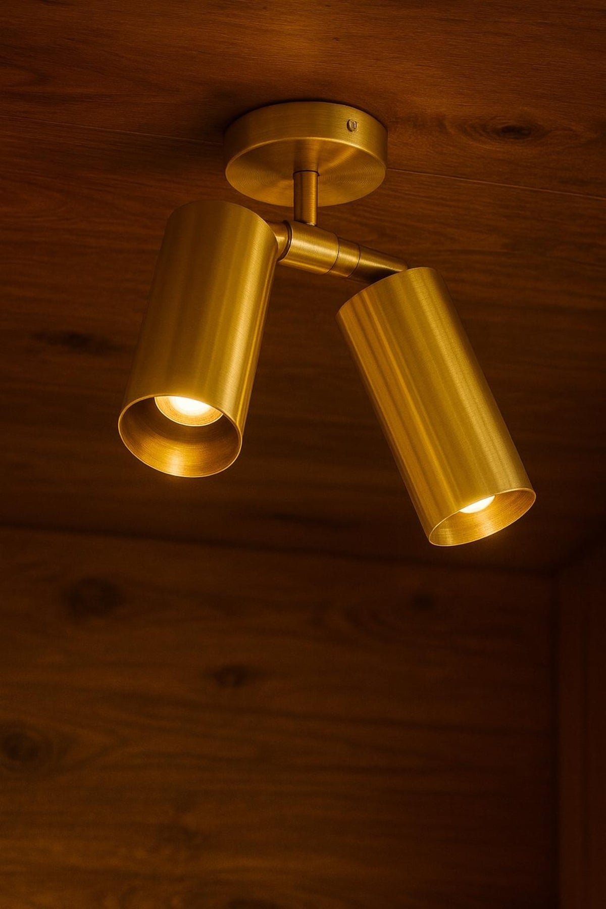 Industrial style dual cylinder brass ceiling fixture with adjustable spotlight heads mounted on wooden ceiling.