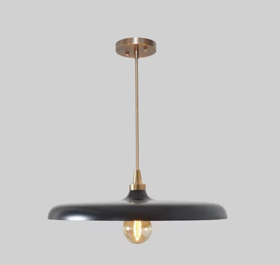 Modern dome-shaped brass pendant light with chain suspension handcrafted by Brass Leaf Studio