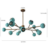 Dimensional diagram of large brass chandelier with aqua globes, showing 44-inch width and 13-inch height customization details.