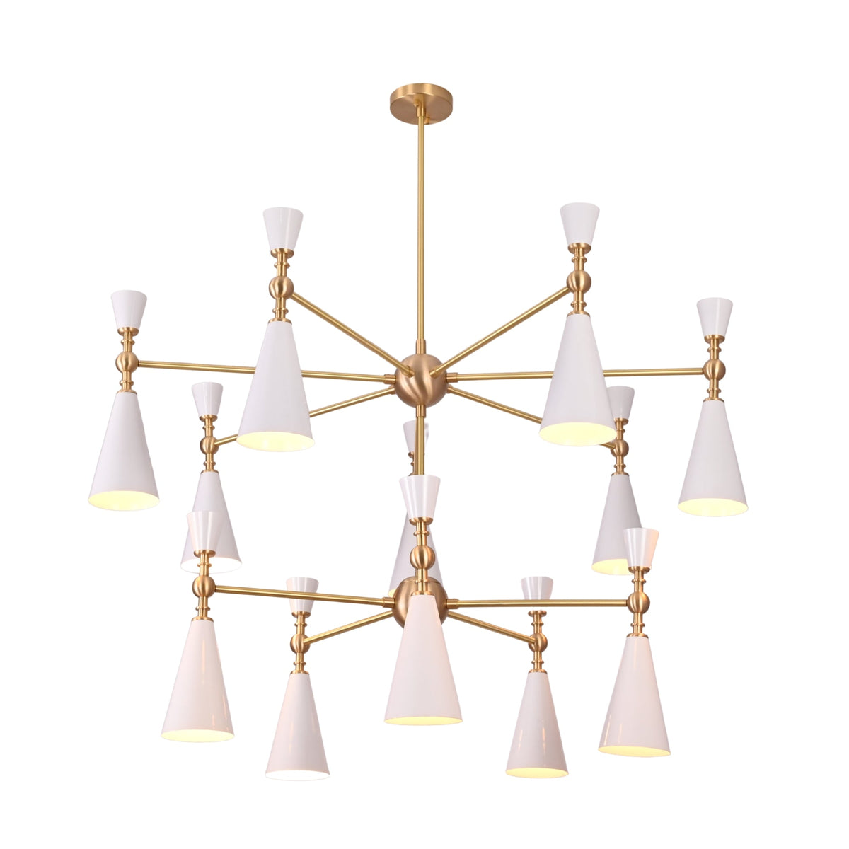 Large brushed brass cone chandelier detail showing decorative sphere accents, straight arms, and white painted cone shades