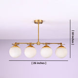4 light linear brass opal glass globe chandelier showing dimensions of 26 inches width and 18 inches height.