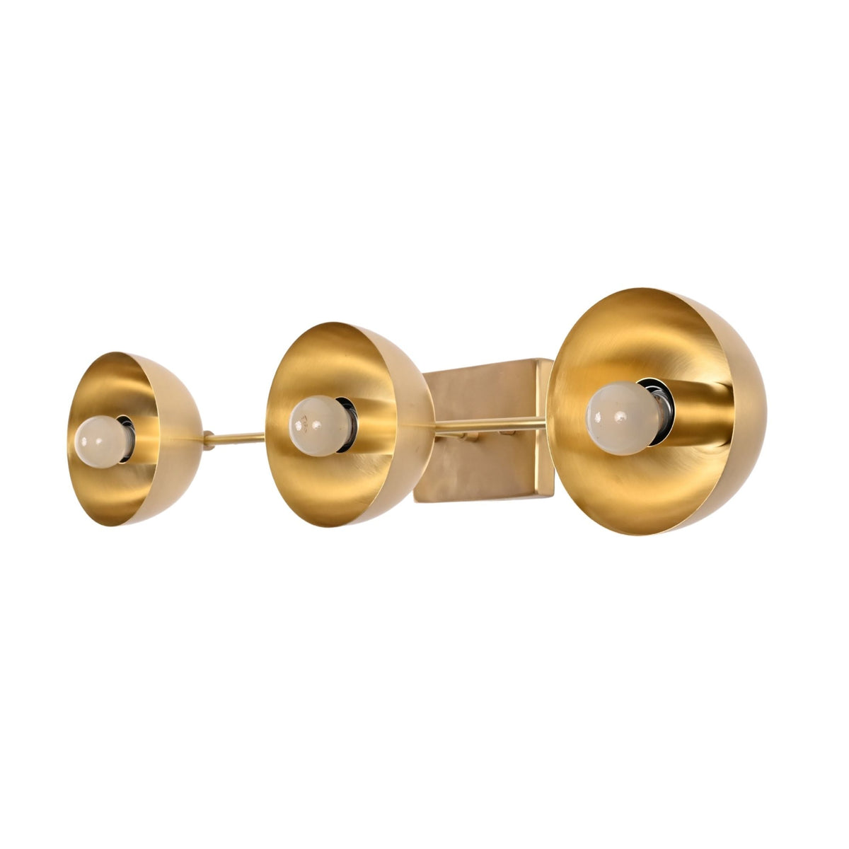 Linear brass wall sconce with three evenly spaced dome shades for bedroom, hallway, and vanity areas
