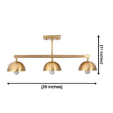 Linear dome ceiling light shown from front with three evenly spaced shades for kitchen island and hallway use