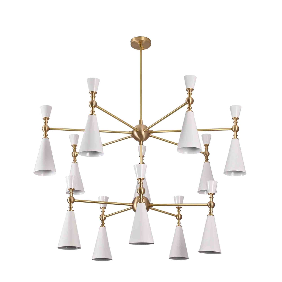 Luxury living room featuring a 12-light cone chandelier with white shades and brushed brass finish above the seating area