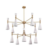 Luxury living room featuring a 12-light cone chandelier with white shades and brushed brass finish above the seating area