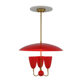 Illuminated Madrid chandelier with red enamel dome, brass suspension rod and warm three light glow