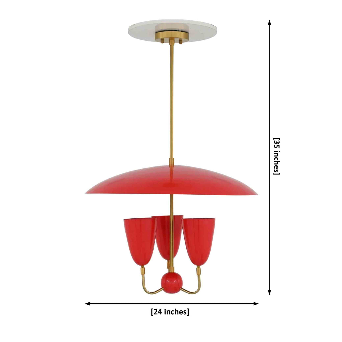 Madrid red enamel brass chandelier with three lights, wide dome shade, curved brass arms and sculptural ceiling design