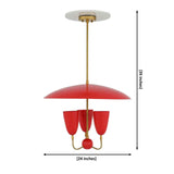 Madrid red enamel brass chandelier with three lights, wide dome shade, curved brass arms and sculptural ceiling design