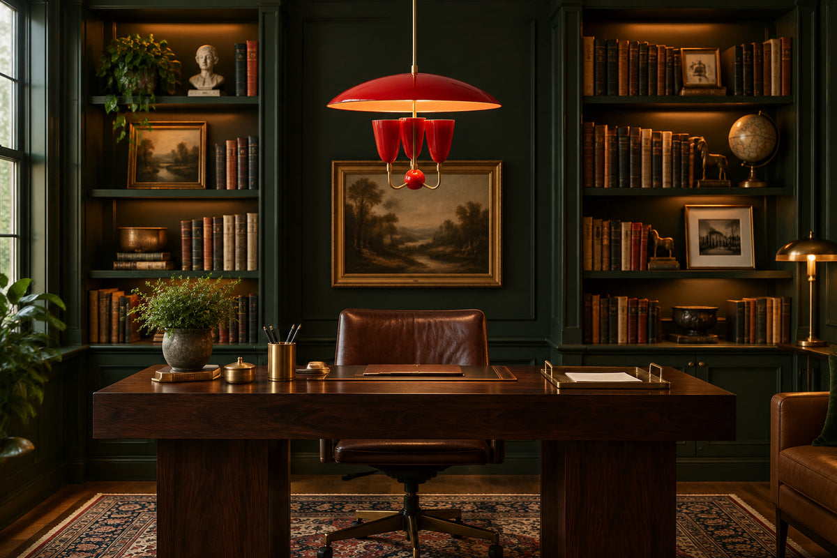 Statement ceiling light with red enamel dome, brass details and three curved arms for dining or living interiors