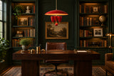 Statement ceiling light with red enamel dome, brass details and three curved arms for dining or living interiors