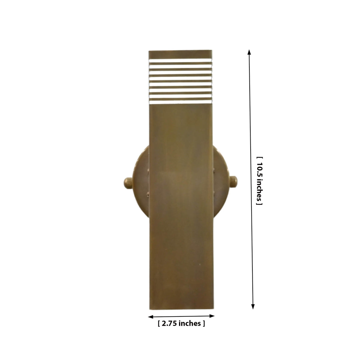 Marbella rectangular brass tube wall sconce with vertical solid brass body, brass patina finish, and warm up-down wall glow