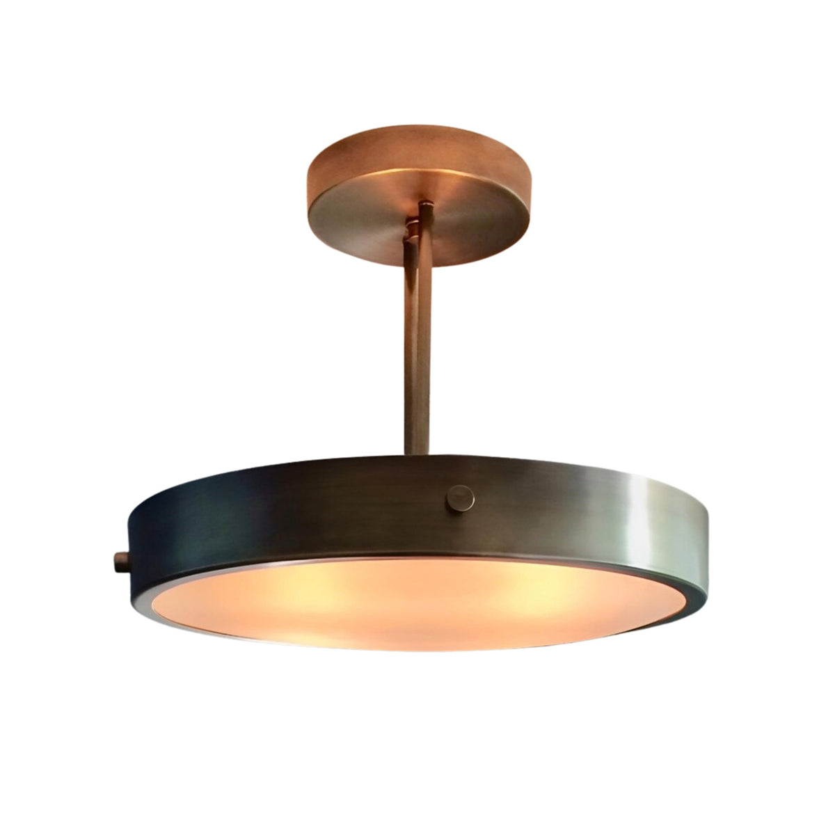 Marlow Modern Drum Semi Flush Mount Ceiling Light 20 Inch Model 33250 in antique brass finish with illuminated frosted diffuser viewed from an angled perspective.
