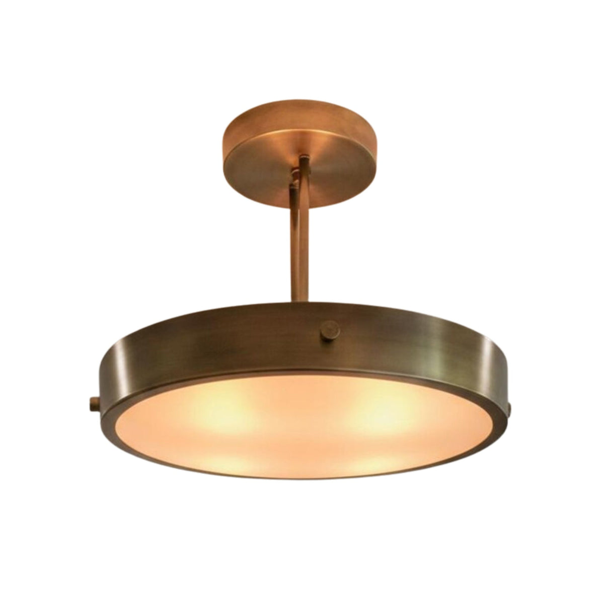 Marlow Modern Drum Semi Flush Mount Ceiling Light 20 Inch Model 33250 in antique brass finish showcasing its elegant drum profile and soft ambient lighting.