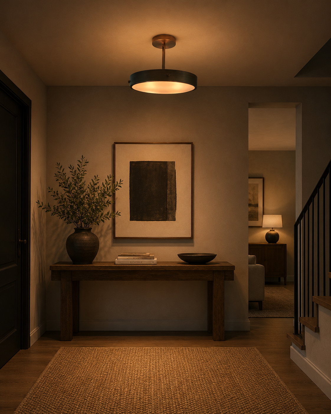 Marlow Modern Drum Semi Flush Mount Ceiling Light 20 Inch Model 33250 installed in a contemporary entryway, providing warm ambient illumination with a minimalist drum design.