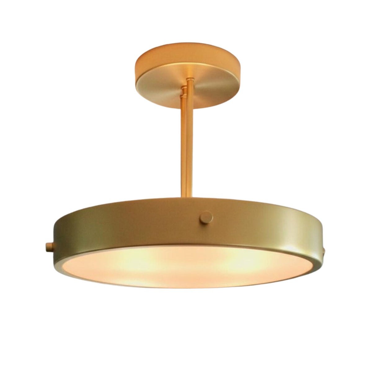 Marlow Modern Drum Semi Flush Mount Ceiling Light 20 Inch Model 33250 in satin brass finish with warm illuminated frosted diffuser.