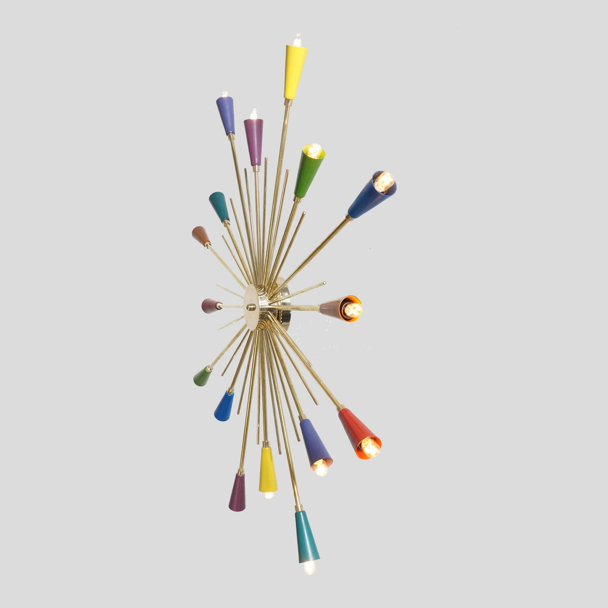 Side angle view of modern 16-light multi-color brass Sputnik chandelier with retro mid-century style